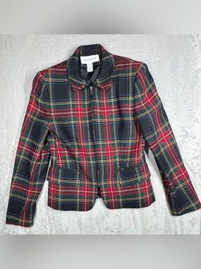 Jones New York 100% Pure Wool Tartan Plaid Black Red Zip Front Academia Blazer 8